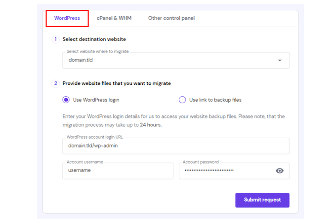 Hostinger dashboard to start website migration process