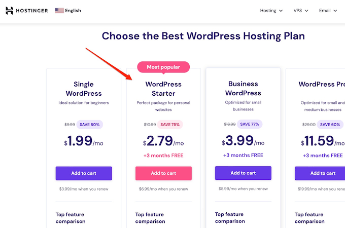 Hostinger WordPress hosting plans with a red arrow pointing to the WordPress Starter plan