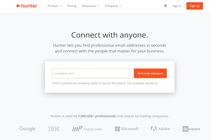 Hunter.io domain search tool to find email addresses