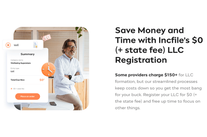 Incfile free LLC landing page with header that says "Save Money and Time with Infile's $0 (+ state fee) LLC Registration"