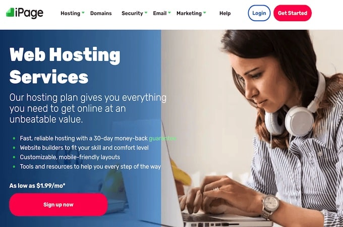 Screenshot of iPage web hosting services landing page with a woman on a computer wearing white headphones.