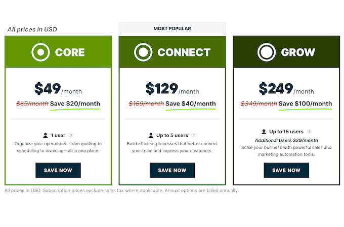 Jobber's three pricing plans, Core, Connect, and Grow