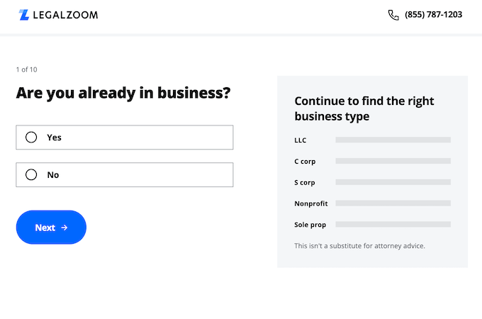 LegalZoom question prompt that asks "Are you already in business?"