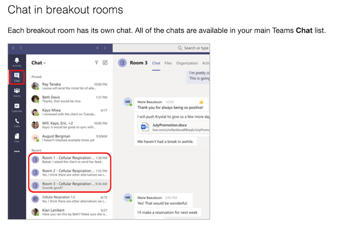 Microsoft Teams breakout room interface highlighting chat feature