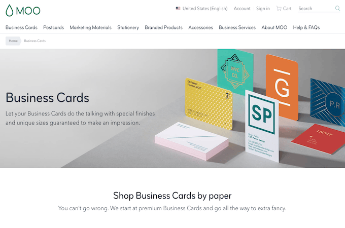Moo Business Cards landing page with samples of different card designs, shapes, and colors.