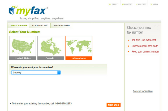 MyFax user dashboard with options for United States, Canada, or International faxing