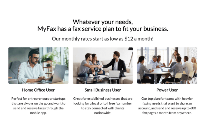 MyFax plans for home office user, small business user, and power user