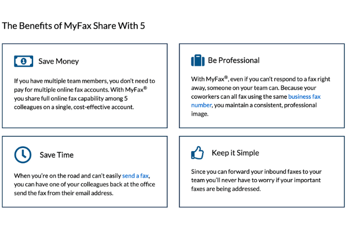 A list of benefits of MyFax's Share with 5 program