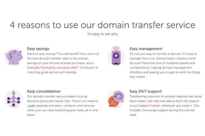 Namecheap webpage listing four reasons to use its domain transfer service