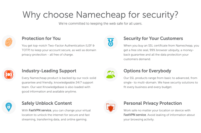 Namecheap security webpage with a list of reasons for choosing Namecheap for security