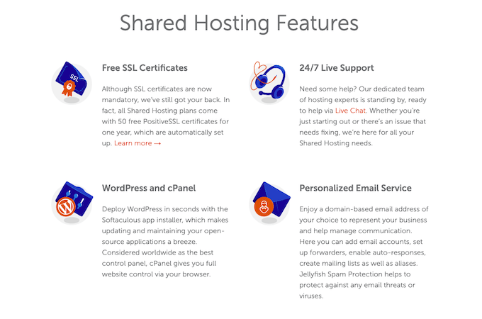 Namecheap shared hosting webpage with a list of shared hosting features