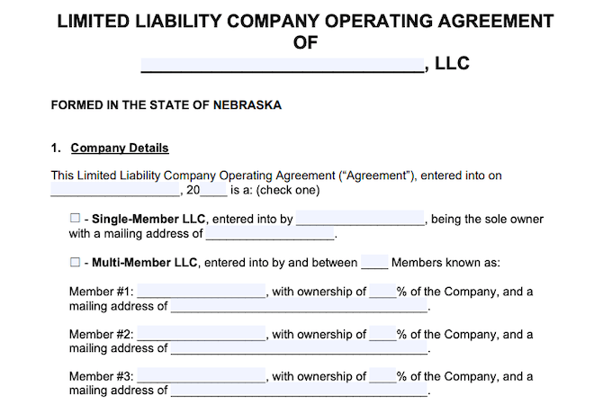 Example of a Nebraska LLC Operating Agreement template