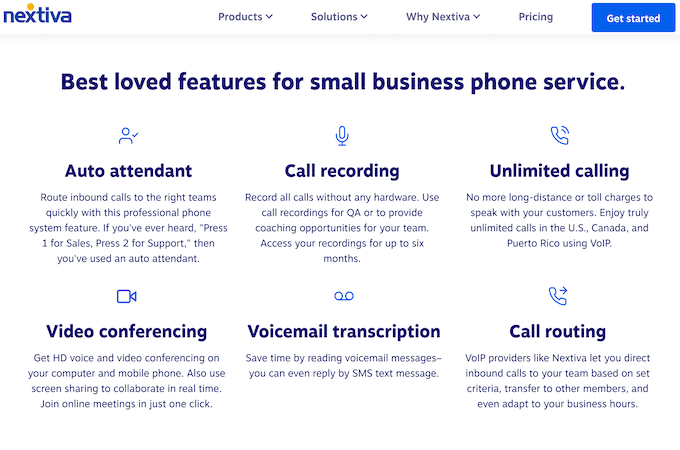 Nextiva's best loved features for small business phone service: auto attendant, call recording, unlimited calling, video conferencing, voicemail transcription, and call routing
