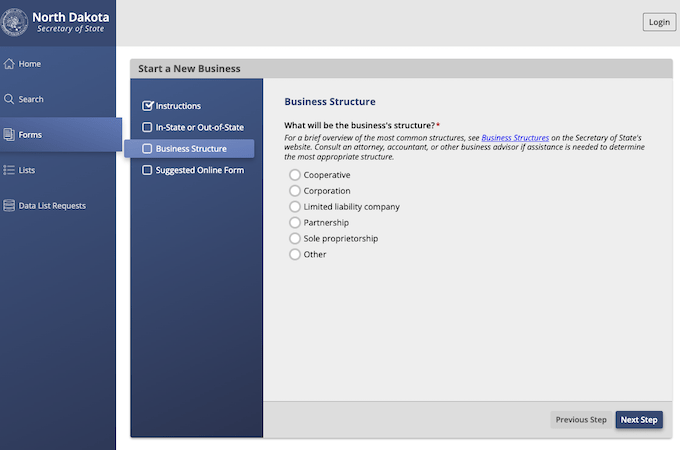 North Dakota Secretary of State website prompts for starting a new business