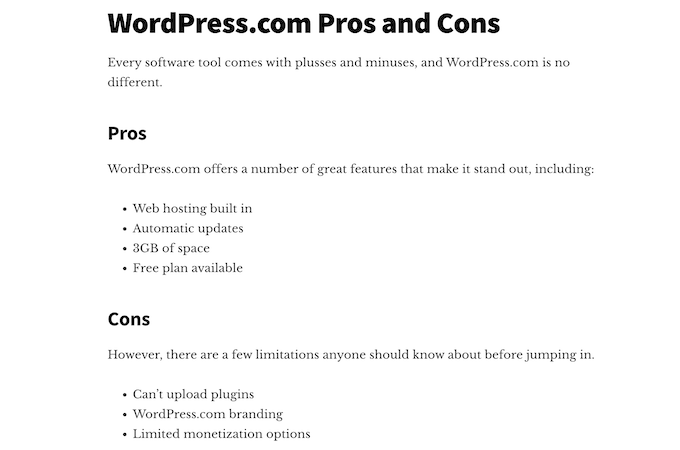 Example of a pros and cons section in a product comparison blog post