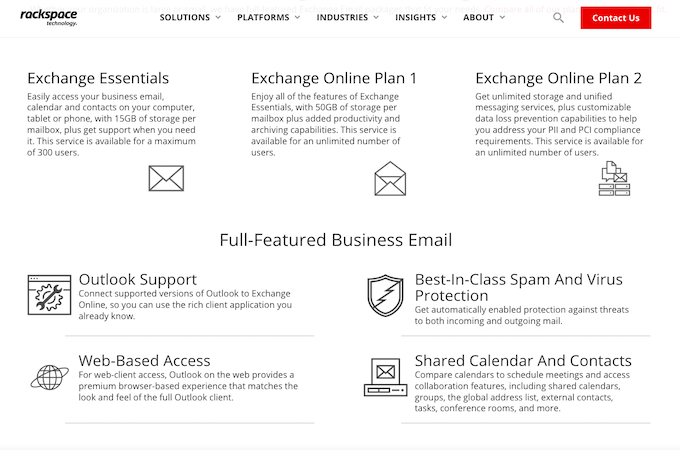 Rackspace Exchange Email landing page showing three Rackspace Exchange plans and list of business email features