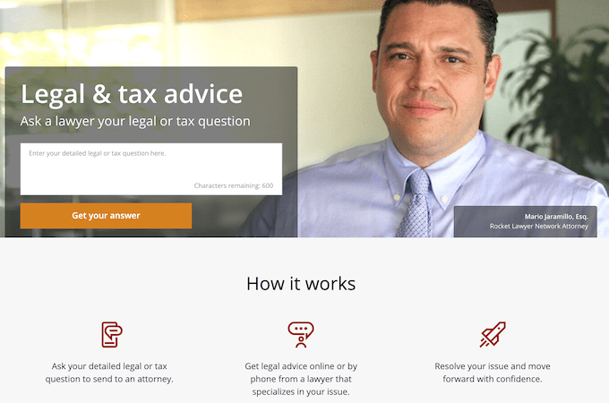 Rocket Lawyer legal services landing page with text box to ask a lawyer a legal or tax question