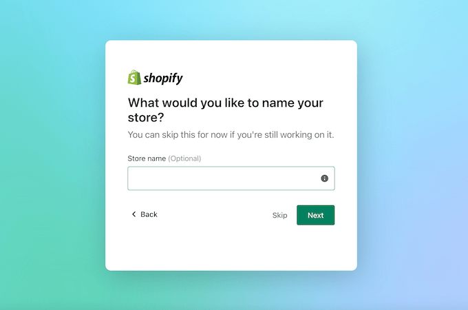 Shopify webpage that asks what you would like to name your store