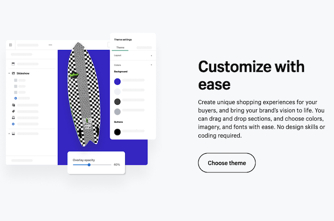 Shopify online store builder landing page with header that says "Customize with ease"