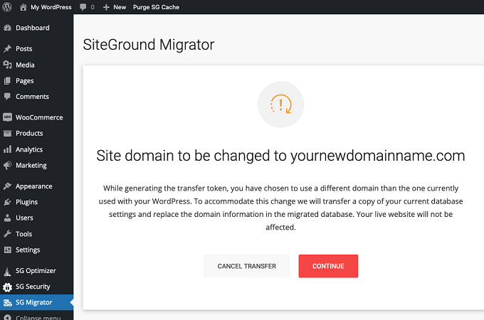 Example of SiteGround Migrator tool in WordPress dashboard