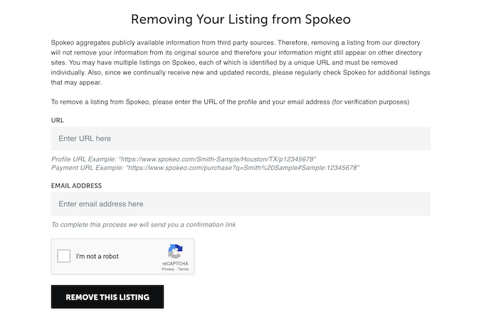 Spokeo opt out instructions and form