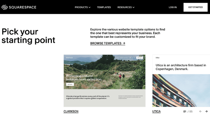 Squarespace webpage with headline that says "Pick your starting point" and examples of website builder templates