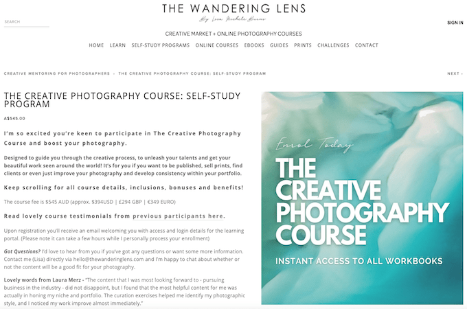 The Wandering Lens landing page for The Creative Photography Course: Self-Study Program