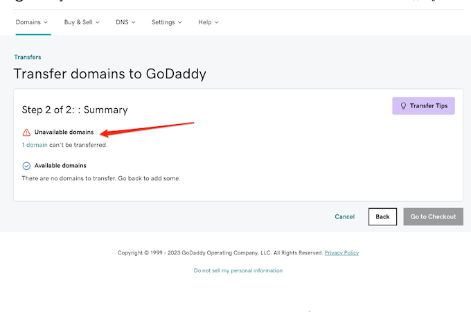 GoDaddy domain transfers page with red arrow to unavailable domains that cannot be transferred