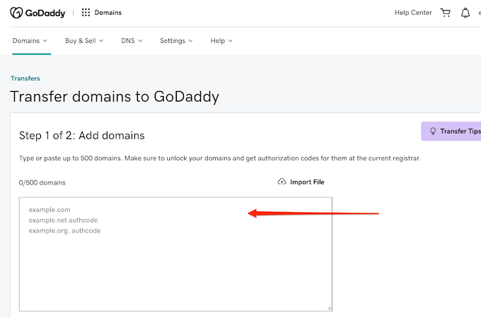 GoDaddy domain transfer dashboard with red arrow pointing to box for adding your domains