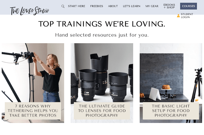 Two Loves Studios homepage with resources on food photography