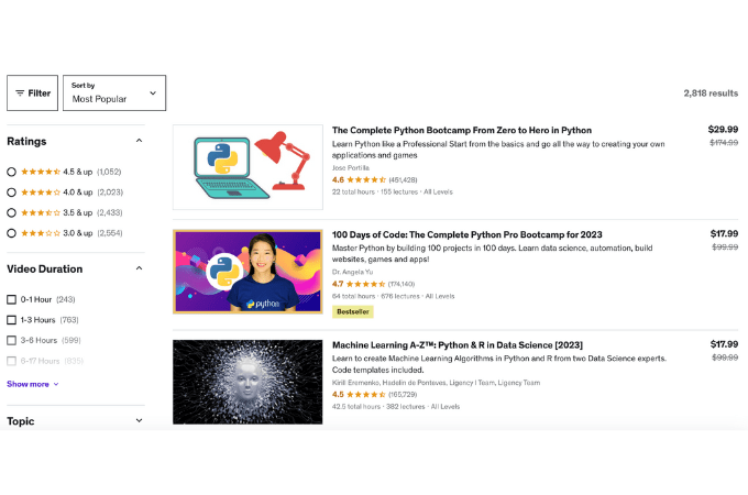 Search results of Python classes in Udemy sorted by most popular