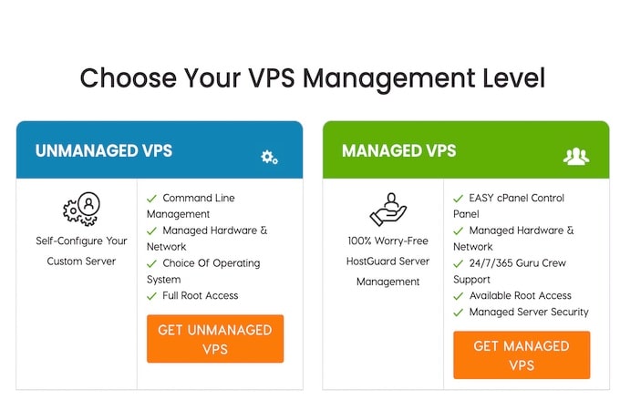 Comparison of A2’s Managed VPS and Unmanaged VPS highlights.
