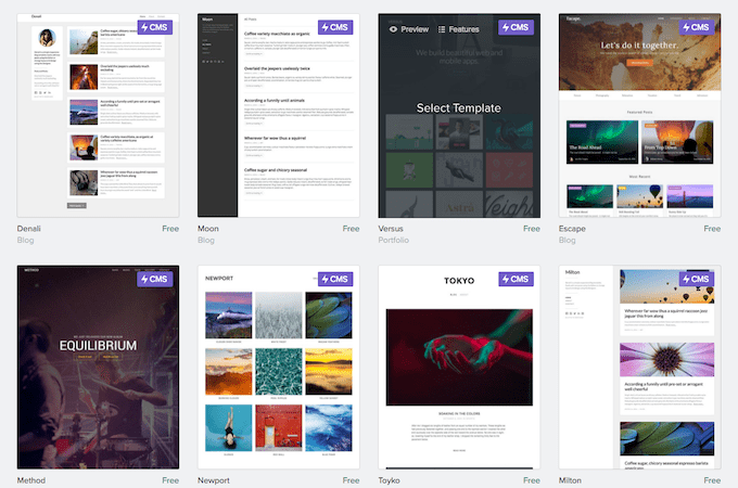 Examples of eight Webflow templates