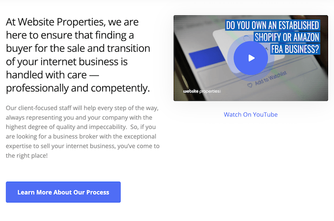 Website Properties landing page for selling websites online