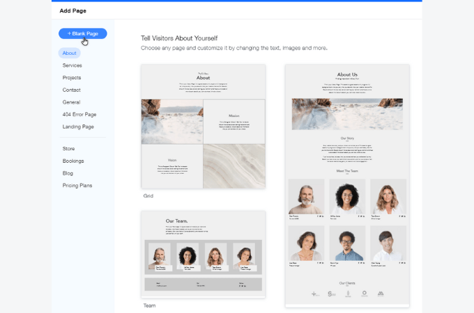 Wix user dashboard to add a new website page