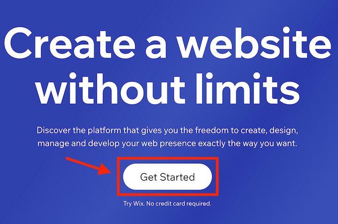Wix homepage with red arrow pointing to Get Started button