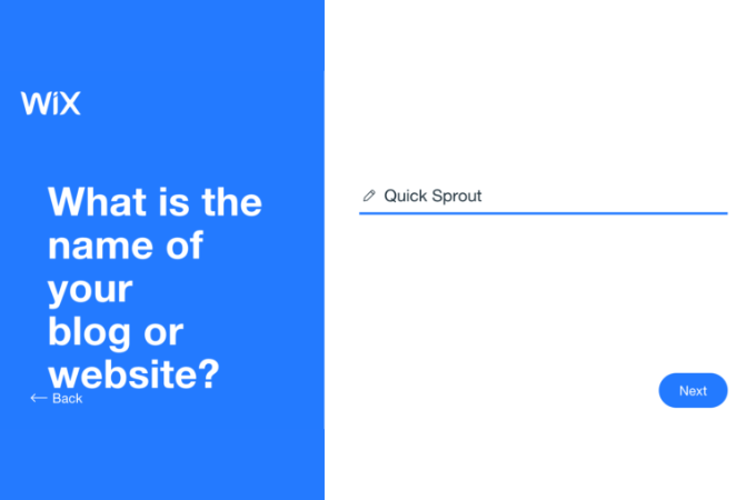 Wix website setup prompt that asks "What is the name of your blog or website?
