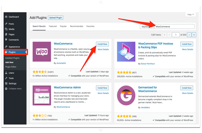 WordPress Add Plugins dashboard with red arrow pointing to WooCommerce in the search box and another red arrow pointing to the Install Now button next to WooCommerce search result