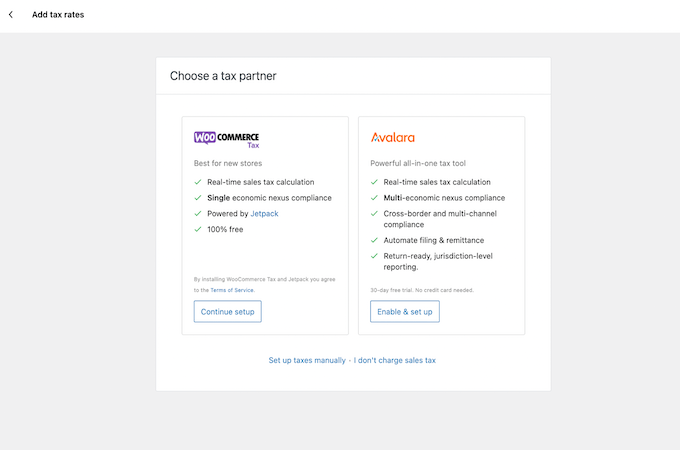 WooCommerce dashboard to choose a tax partner