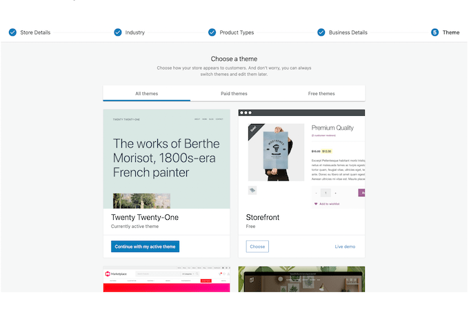 Choosing a theme in the WooCommerce setup wizard