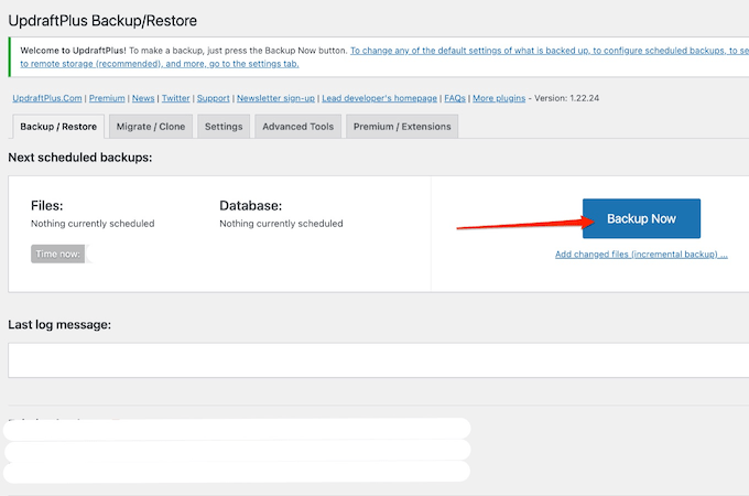 WordPress plugin page for UpdraftPlus Backup/Restore with red arrow pointing to Backup Now button