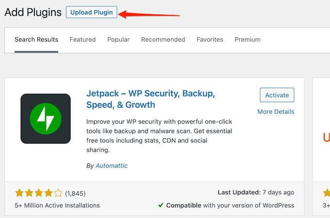 WordPress add plugins screen with red arrow pointing to Upload Plugin