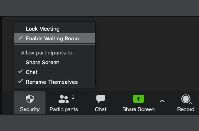 Screenshot of Zoom's video meeting security feature options.