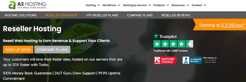 A2 reseller hosting landing page