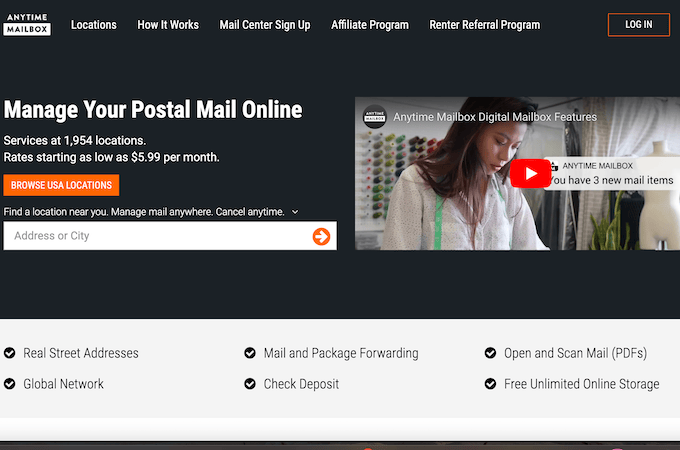 A screenshot of the Anytime Mailbox homepage, which states the company operates over 1,900 addresses across the globe with rates as low as $5.99 per month.