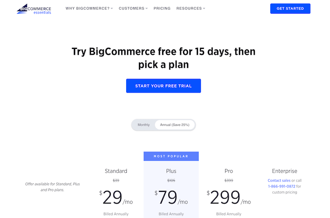 BigCommerce pricing plans, showing Standard, Plus, Pro, and Enterprise plans