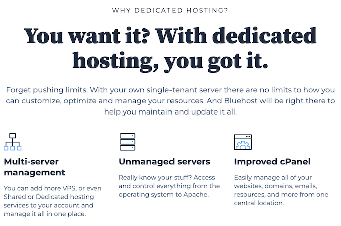 Bluehost dedicated hosting landing page emphasizing its multi-server management, unmanaged servers, improved cpanel