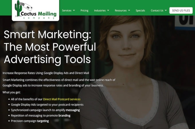 A screenshot of Cactus Mailing Smart Marketing landing page.