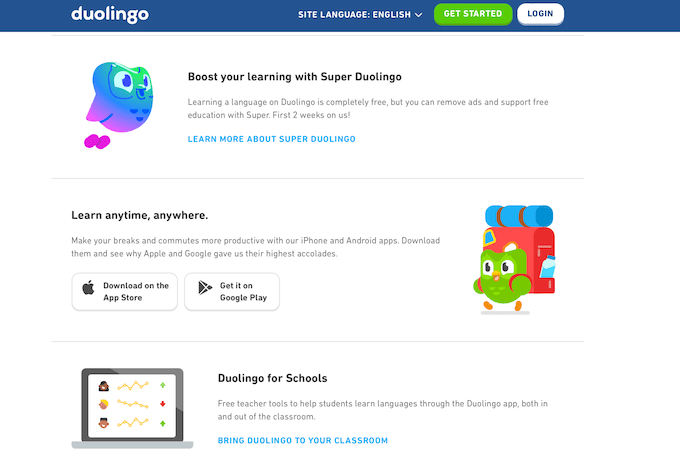 A screenshot of a Duolingo website page that shows the Duolingo owl engaged in exciting adventures.