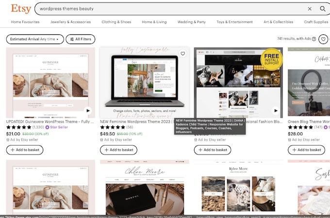 A screenshot of WordPress themes from an Etsy search.